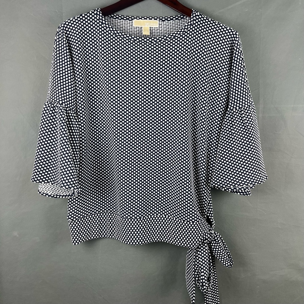Michael Kors Black and White Polka Dot Blouse With Bell Sleeves and Side Tie S